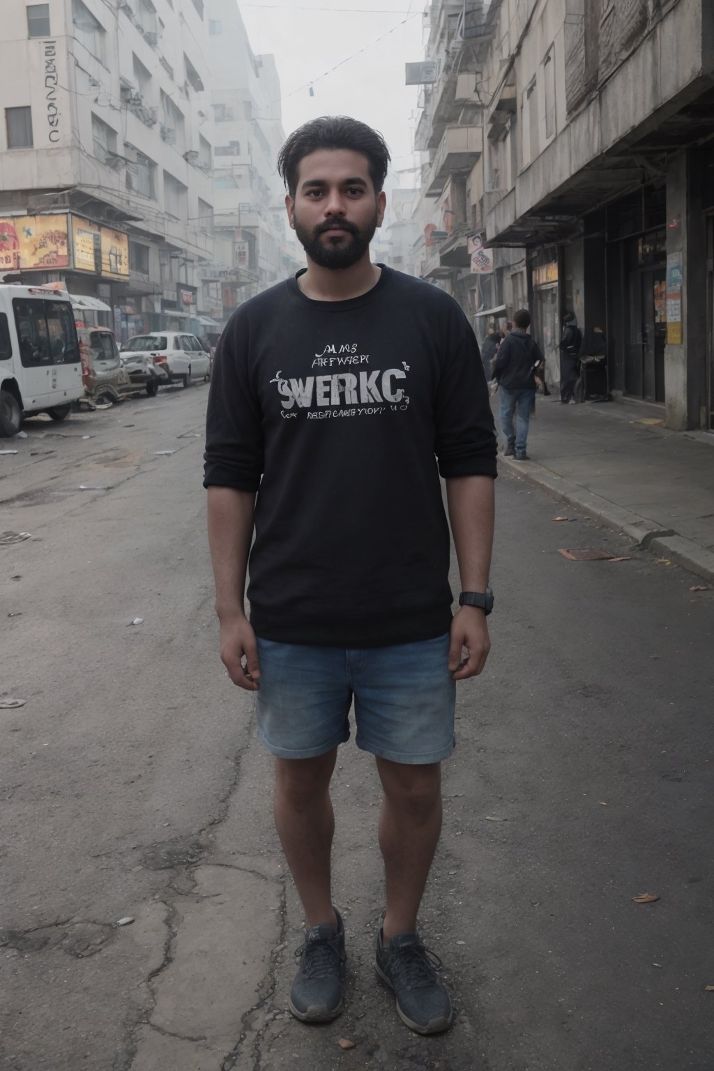 Beard man, Cinematic color grading,  Shorton ((((face correction )))Sony a7iii, perfect eyes, Realistic photo of AM standing on a street Wearing a a sweter, cyberpunk,