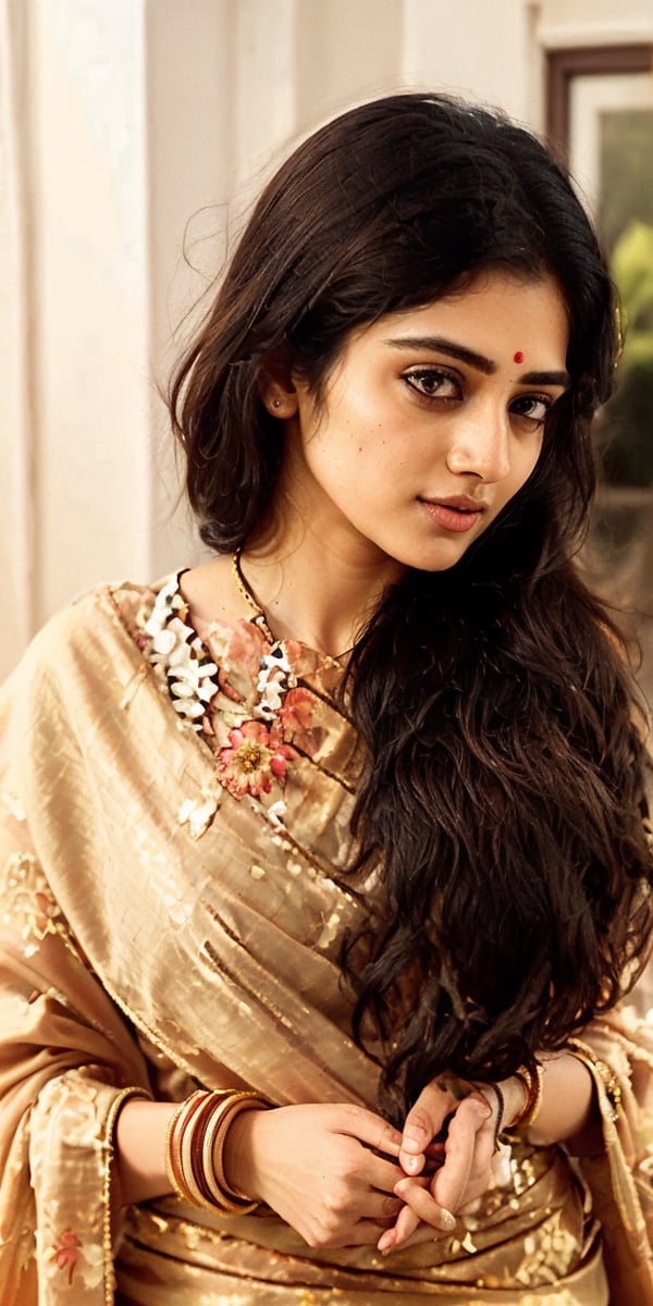 Lovely cute young attractive South indian girl, brown eyes, gorgeous actress, 23 years old, cute, an model, long blonde_hair, colorful hair, wearing beautifully drapped Silk Saree, wearing gold jwellery. and flowers in her Hairs. facing towards camera