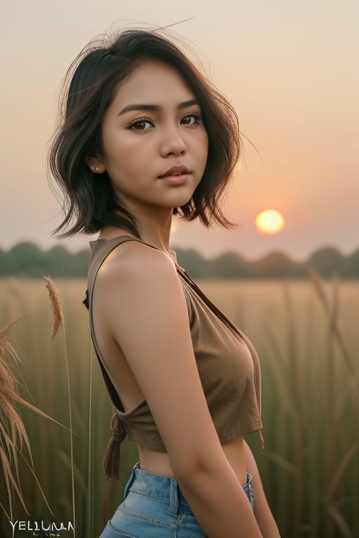 realistic photography. southeast asian girl. beautiful, oval face, pretty eyes. short wavy hair. brown hair. wear sleeveless shirt. shows sideboob. at a riverside, among tall grass, sunset.
yelowish hue,frey4,Salshabilla