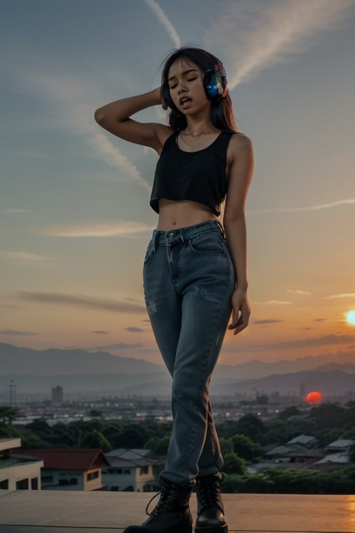 long shot of indonesian girl wearing headphone, singing to the music. toned body, wear oversized loose men tanktop, wear tight black denim, wear boots, closing eyes, sunset, backlight