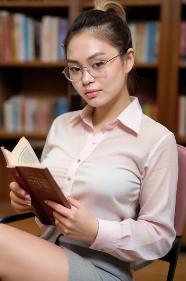 full body shot of Thailand office lady reading book, sitting comfortably on a chair in warm, cozy library. shirt unbuttoned, shirt see through, oval face, small plump lip, round sharp eye, fair skin, bleye focused to the book, blushed cheek, ponytail with bang, mole under right eye, medium body, medium breast, wear eyeglasses.