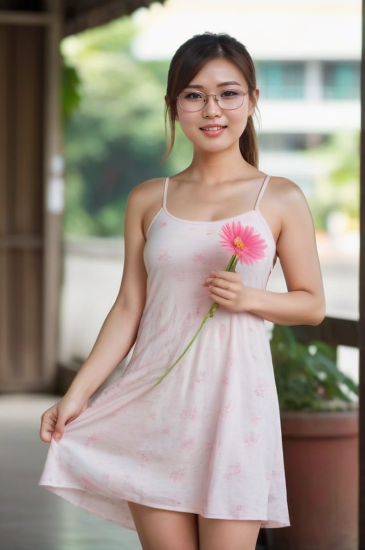 full body shot of Thailand women enjoying sunlight in thin sundress oval face, small plump lip, round sharp eye, fair skin, blushed cheek, ponytail with bang, mole under right eye, medium body, medium breast, wear eyeglasses. sweating, shiny body, holding flower