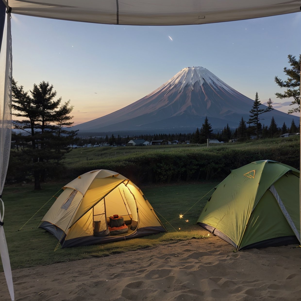 Draw a future camping scene at the foot of Mount Fuji。There are thousands of tents scattered on the green ground in the scene,people gather together,Enjoy the beauty of nature。The specific description is as follows：

1. on the left side of the screen,The morning sun shines through the leaves of the trees,Shining on the tent and green ground,Showing the fresh morning scent。Campers on tents are waking up,Someone is poking his head out of the tent,Some people are already standing outside,Enjoying the beauty of the morning。

2. in the center of the screen,The sunset is setting in the west,The sky takes on a golden hue。Many campers sit together,Shared dinner,The scene is filled with laughter and conversation.。Mount Fuji in the sunset,Presenting a magnificent and mysterious scene,refreshing。

3. on the right side of the screen,night falls,starry sky。Many stars are shining brightly,The Milky Way hangs high in the sky,Like a bright strip of light。Bonfire lit at campsite,lit up the whole night,People sit around the fire,Sing、Chatting,spend quality time together。

The whole picture is full of warmth、Joyful and peaceful atmosphere,Showing a beautiful picture of harmonious coexistence between man and nature。
