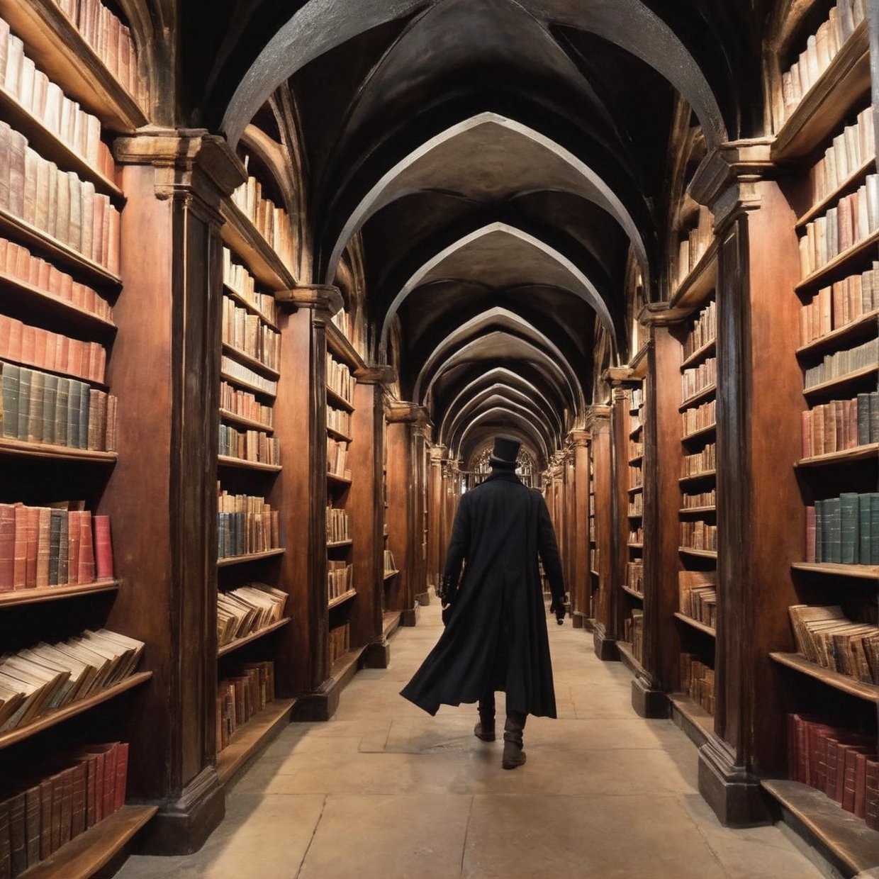 there is a picture of a book store with a man walking through it, gothic epic library concept, gothic epic library, gothic library, library of ruina concept art, ancient library, books cave, magic library, an eternal library, gloomy library, dusty library, alchemist library background, borne space library artwork, vast library, castle library, dark library, endless books