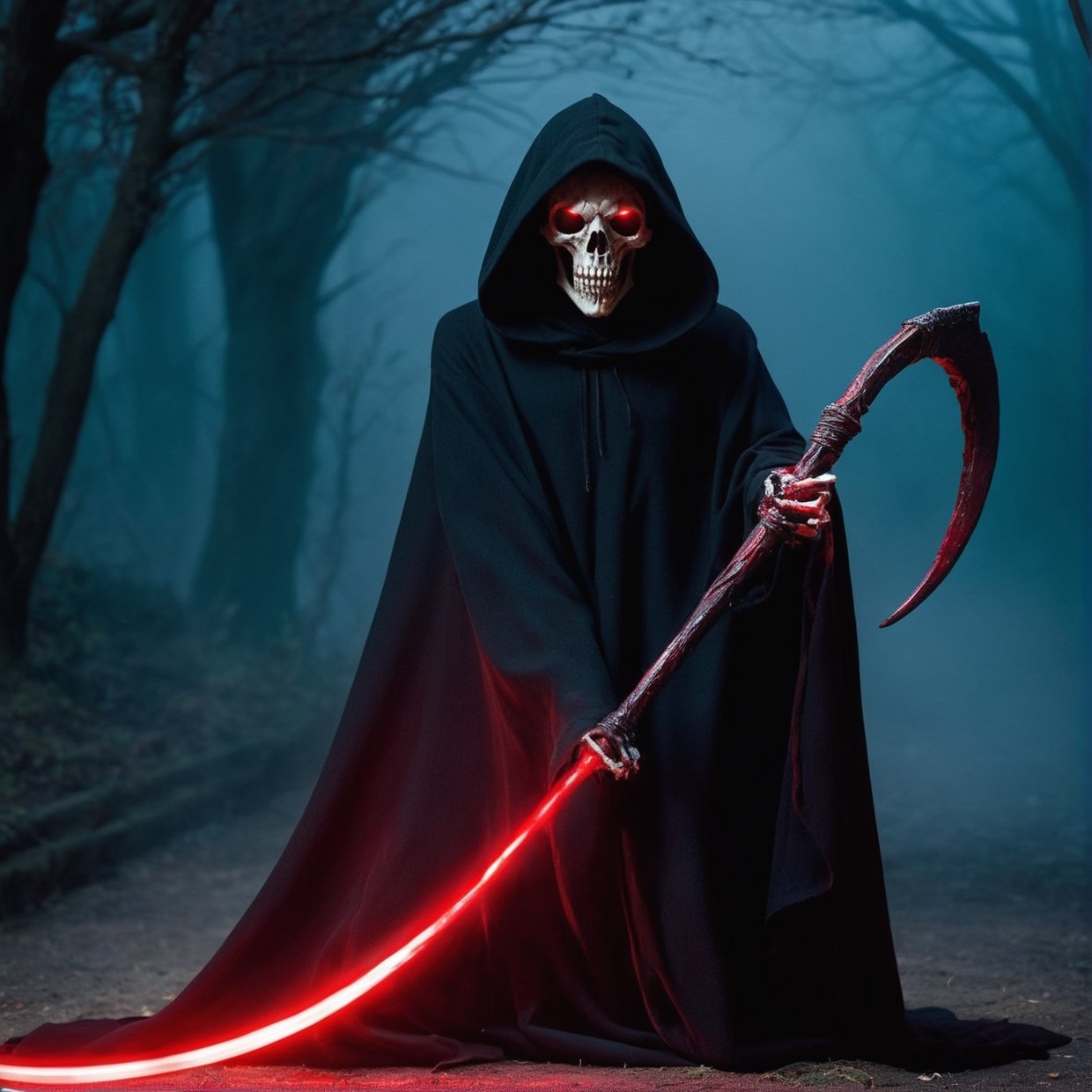 "(best quality,highres,realistic:1.37),dark,ominous,gloomy,grim,lifeless,hooded figure,scythe,glowing red eyes,ethereal mist,dark cloak,creepy,detailed anatomy,shadowy background,sinister aura,spectral,otherworldly presence,haunting,death personified,silent and solemn,majestic,mythical,seemingly floating,monochrome color palette,low-key lighting"