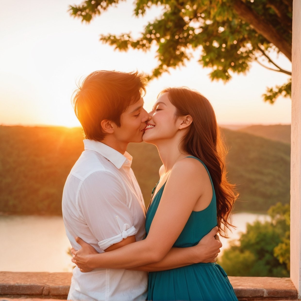 A couple in a romantic setting, natural lighting, soft focus, dreamy atmosphere, happy expressions, intimate embrace, beautiful sunset, cozy outdoor location, genuine smiles, love and happiness, candid moment, vibrant colors, film-like aesthetic, heartwarming scene, perfect composition, genuine connection, joyful laughter, romantic gestures, timeless memory, professional photography, genuine happiness, cherished moment, love in the air, genuine affection, natural poses, stunning background, mesmerizing scenery, true love, forever together, picturesque setting, admirable chemistry, magical ambience, tender kiss, passion and romance, beautiful memories, cinematic quality, breathtaking beauty, irreplaceable bond, happily ever after. (best quality, highres, masterpiece:1.2), ultra-detailed, (realistic:1.37), vibrant colors, romantic lighting