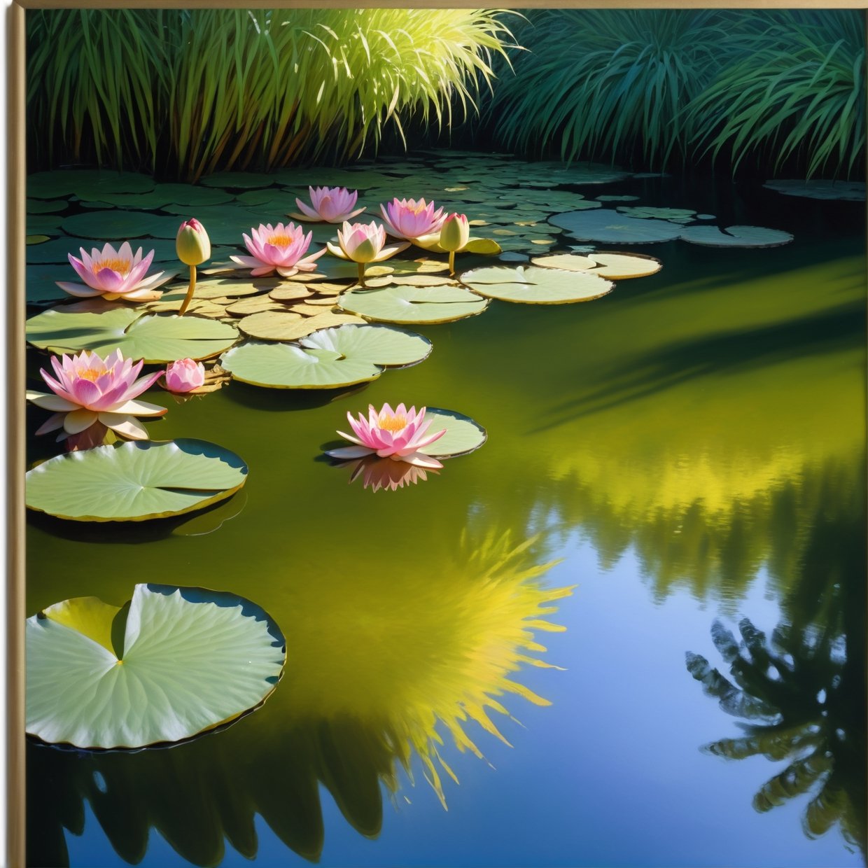 best quality,4k,8k,highres,masterpiece:1.2,ultra-detailed,realistic,photorealistic:1.37,impressionistic,water lilies,soft brushstrokes,vibrant colors,sunlight reflections,rippling water,lush greenery,gentle ripples,floating flowers,subtle textures,peaceful atmosphere,impressionist style,light and shadow contrast,fleeting moments,dappled light,serene garden setting,color harmony,graceful brushwork,ethereal beauty,emotional depth,sensual strokes,visual poetry,impression of nature,splashes of color,visible brush strokes,layered textures,transient effects,reflective pond,blurred edges,sublime tranquility