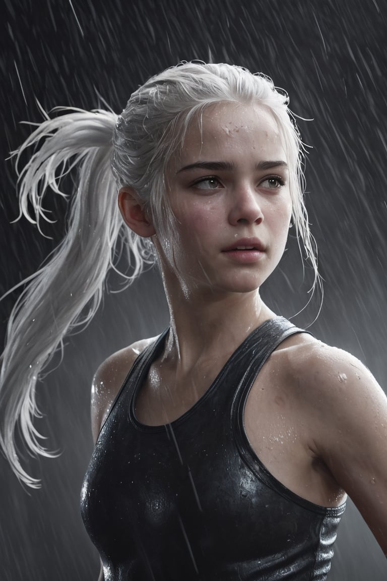 An fighter, little girl 10 Yo, white hair, long hair, ponytail, white skin, very very wet rain, very very small tits, stormy  weather, snowing, leading, night, in front of hell, Detailed, with light reflection, Storming ، movie, battle, action_pose, many particles, dramatic, hyper-realistic, award-winning, 8k, full body,