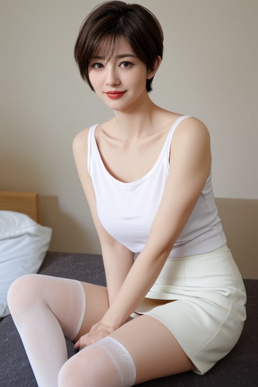 1girl, solo, short hair, breasts, looking at viewer , brown hair, black eyes, sit , white T-Short , collarbone, room, day,  The Closed-Lip Smile,short 
skirt, realistic,photo background , 35 age , 
black stockings