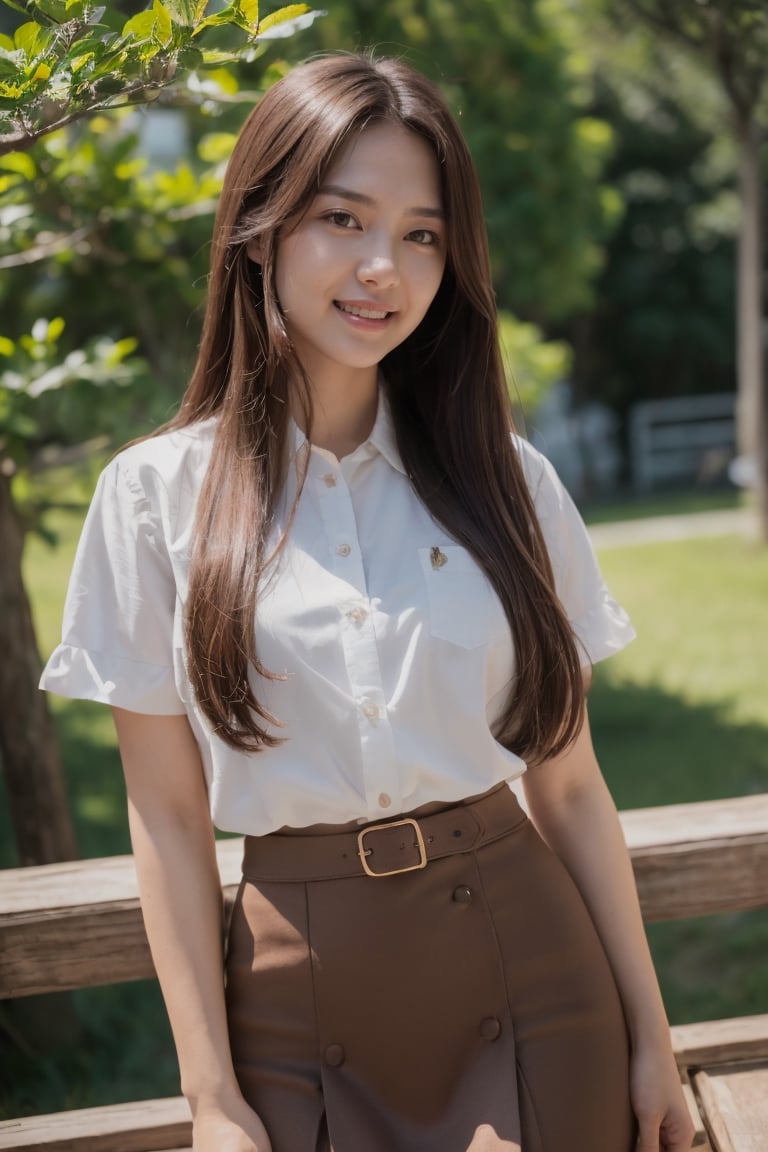 (8k, RAW photo, best quality, masterpiece:1.2), (realistic, photo-realistic:1.4), Taiwan Girl , ultra-detailed, perfect detail , 1girl, solo , looking down ,   black eyes ,thin lips , sweet laugh, shy , day , midi skirt , brown hair, midi long hair ,  photorealistic , standing, outdoors , cowboy shot , lap