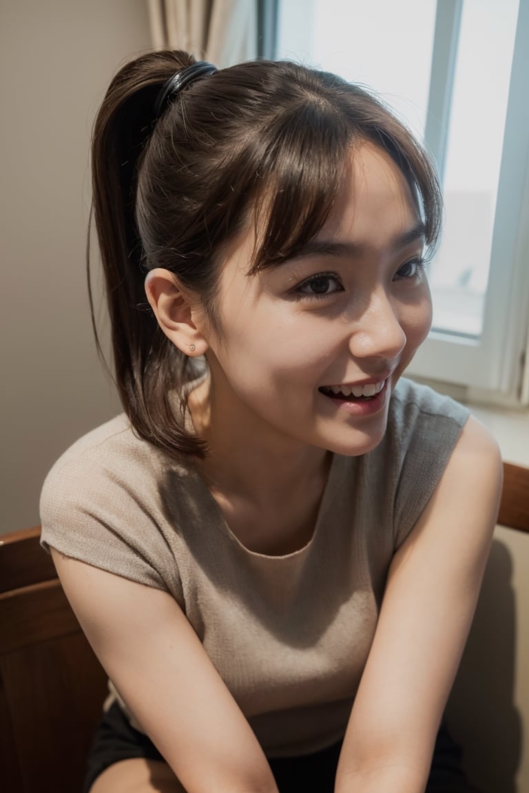 (8k, RAW photo, best quality, masterpiece:1.2), (realistic, photo-realistic:1.4), Taiwan Girl , ultra-detailed, perfect detail , 1girl, solo , black eyes , thin lips , laughing , day ,  beautiful  clothes , brown hair, short hair , ponytail hair ,  photorealistic , full body , full shot , lap , thin lap , make a pose , indoors