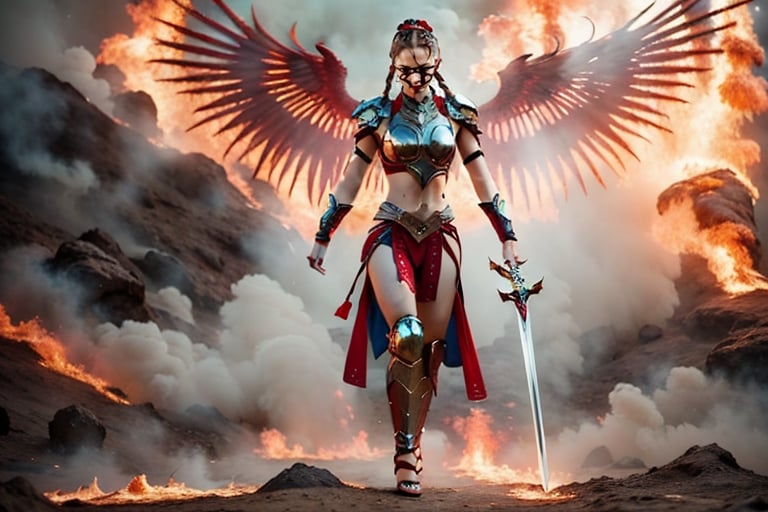 In a mystical realm where heaven and earth converge, one angelic warrior,. One female warrior, blond long Hip Cornrows Braids, adorned in celestial armor, wields a dual sword wreathed in crimson flames,photorealistic,depth of field  angel in hell, burning wings,  behind the devil defeated on the ground in pieces,