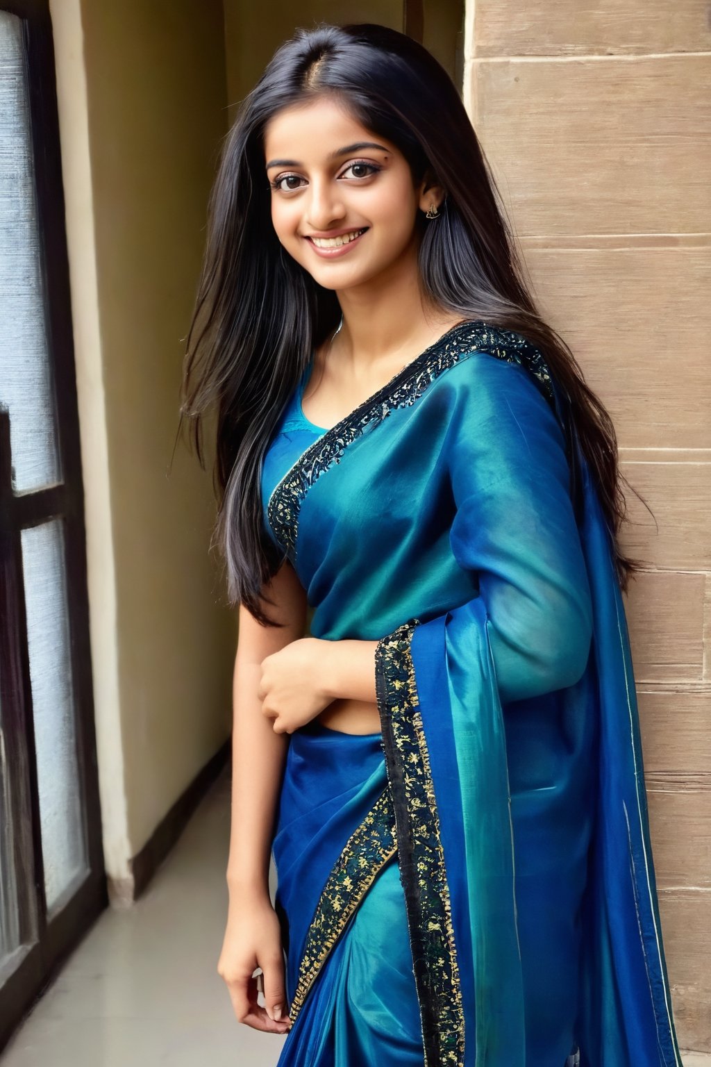 a slim and beautiful indian girl, age 20 year, head to LEG portrait, long black and thick hair,indian GIRL style, wearing INDIAN SAARI,SMILE FACE,anya_chalotra