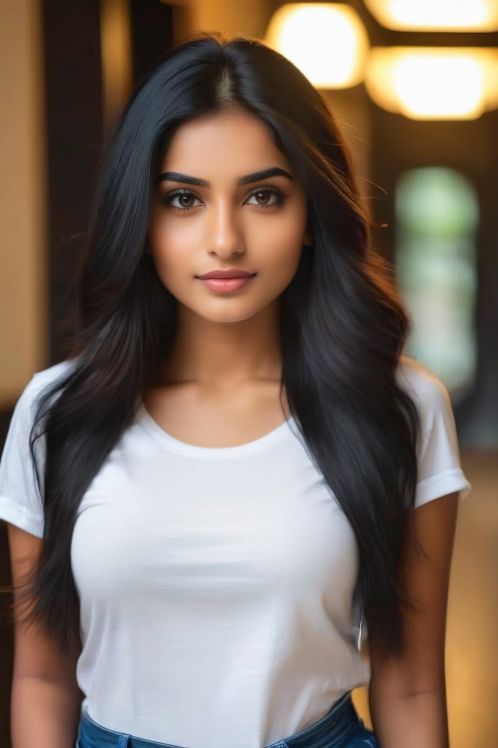 a slim and beautiful indian slim girl, age 18 year, head to thigh portrait, long black hair, wearing jeans and white tshirts, photorealistic,Beautiful Instagram Model,standing
