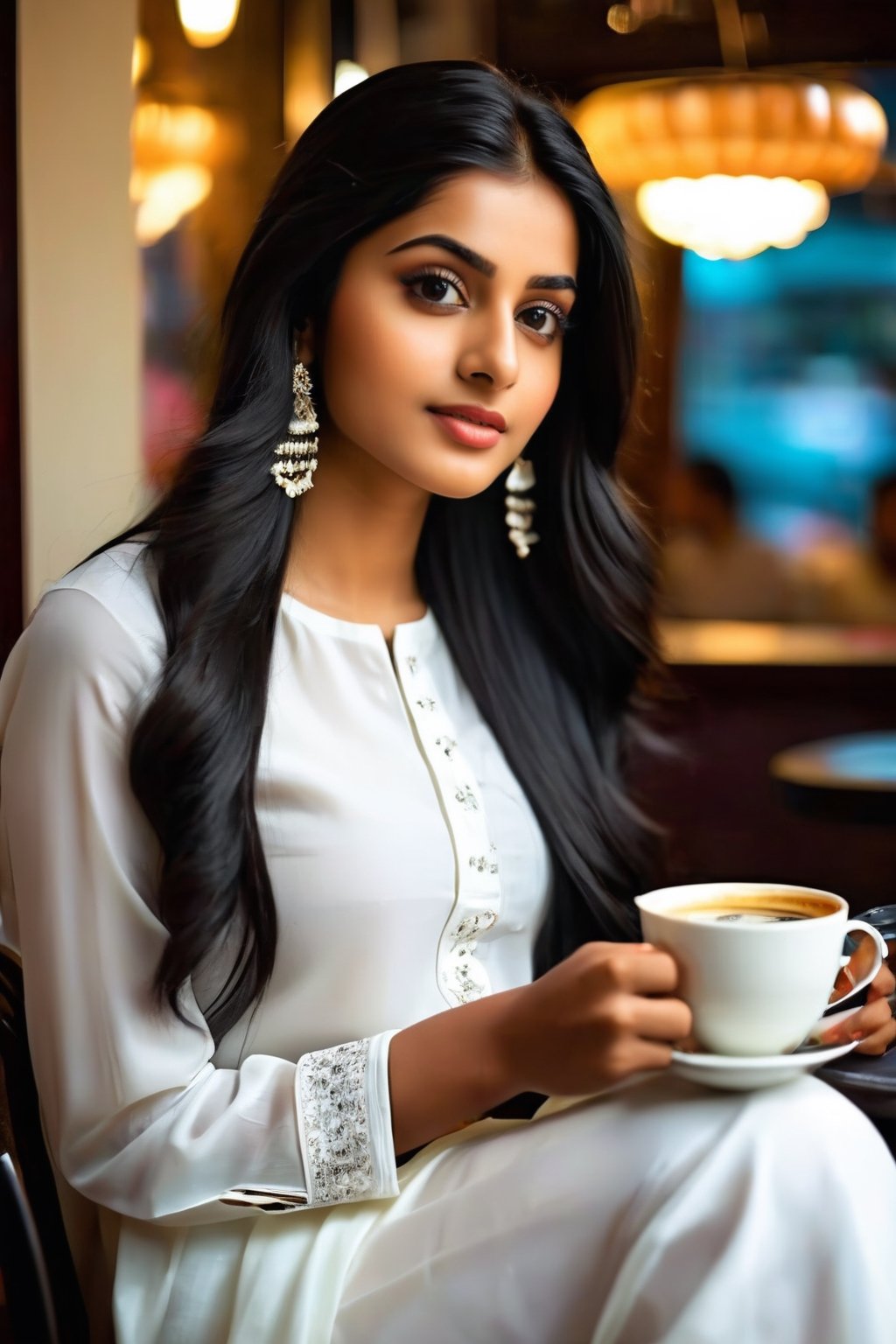 a slim and beautiful indian slim girl, age 18 year, head to thigh portrait, more long thick and black hair, wearing white salwar kammez, ultra realistic look ,Beautiful Instagram Model,sitting in a coffe shop