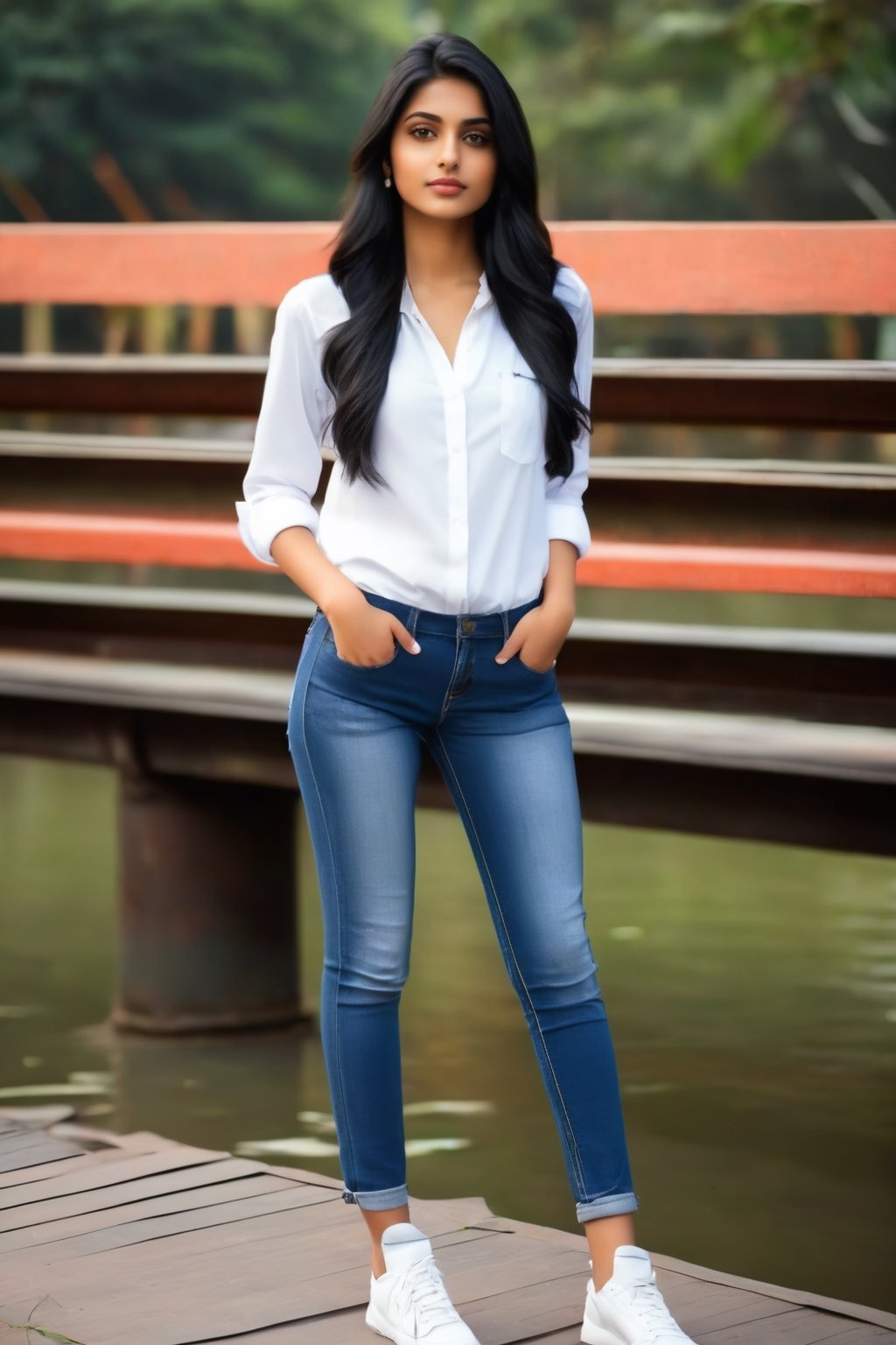 a slim and beautiful indian slim girl, age 18 year, head to thigh portrait, more long thick and black hair, wearing jeans and white shirts, photorealistic,Beautiful Instagram Model,standing,full_body pose,
