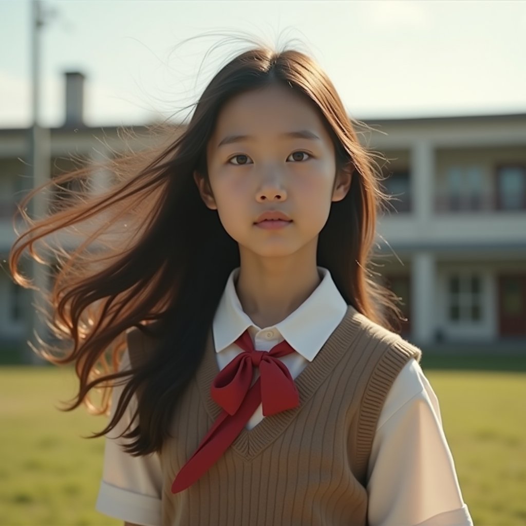 8K, UHD, wide perspective view, photo-realistic, cinematic, young asian female school girl have a beautiful face, school in background,long hair billowing in the wind, dynamic posture , intricate details, morning sunlight, masterpiece,xxmixgirl