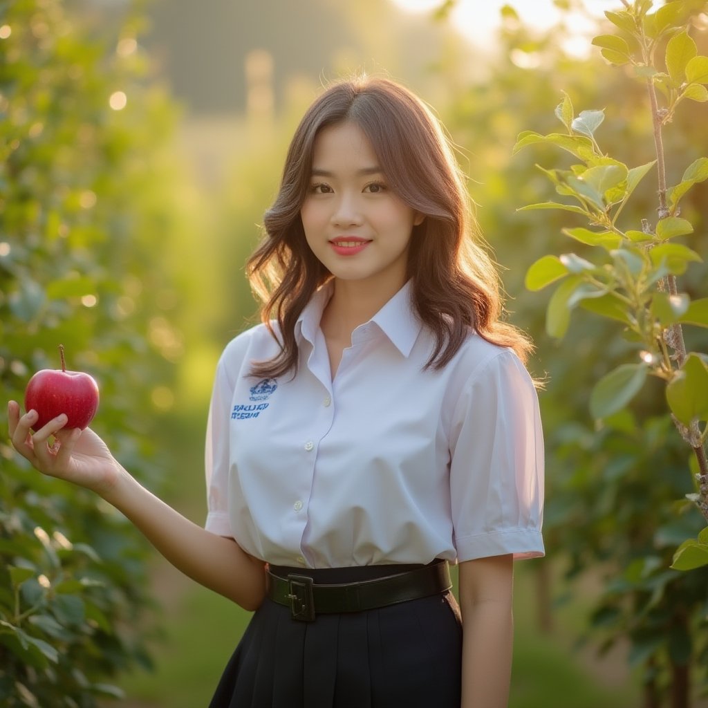 Character Description
A captivating Thai woman age around 17 years old , wearing a high school thai student uniform, standing with a serene expression. Her long, wavy hair adds elegance to the scene. She holds a red apple in one hand.
Scene Setting She is standing in the middle of an apple orchard. The sunlight filters gently through the trees, casting soft shadows on her skin and the surrounding apples. Foreground Elements The foreground features blurry apple leaves, creating a natural frame for the subject. Lighting and Atmosphere The sunlight creates warm, dappled light across her and the apples, enhancing the beauty of the natural setting. The overall scene has a calm and harmonious feel, blending nature with femininity,Asian,Thai high school uniform,white short sleeve shirt,black pleated skirt 