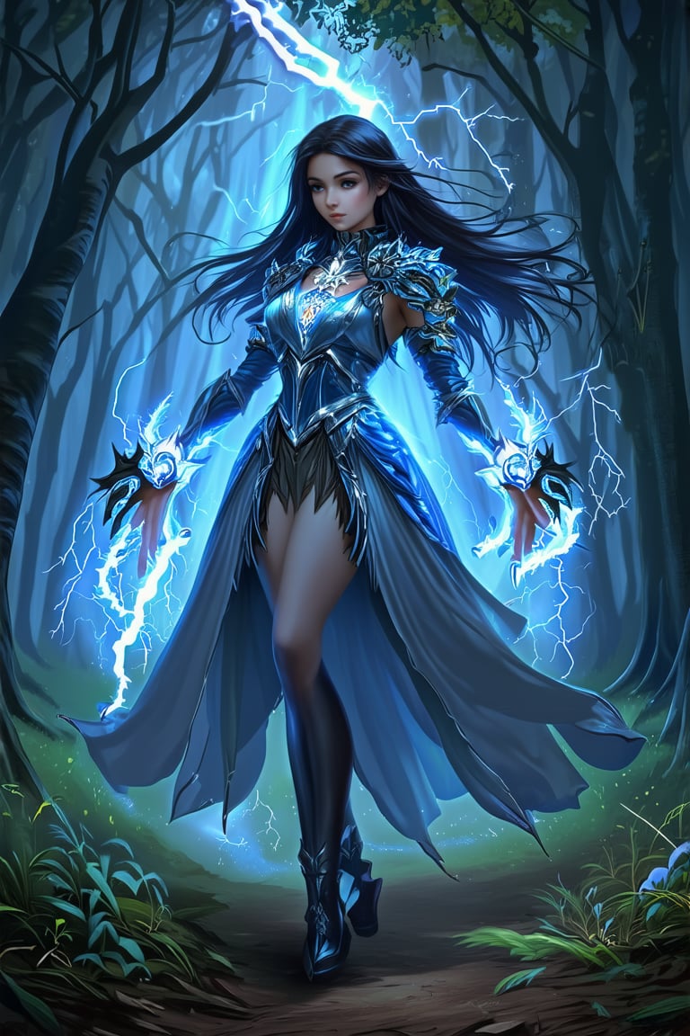 a beautiful girl stands in dark forest. She uses the magic ring and turns into the ultimate form of a lightning magic \(ek_ge1tng\) sorceress,lightning elemental effect,lightning weapon,ek_game_3ffect,ek_real_b00ster