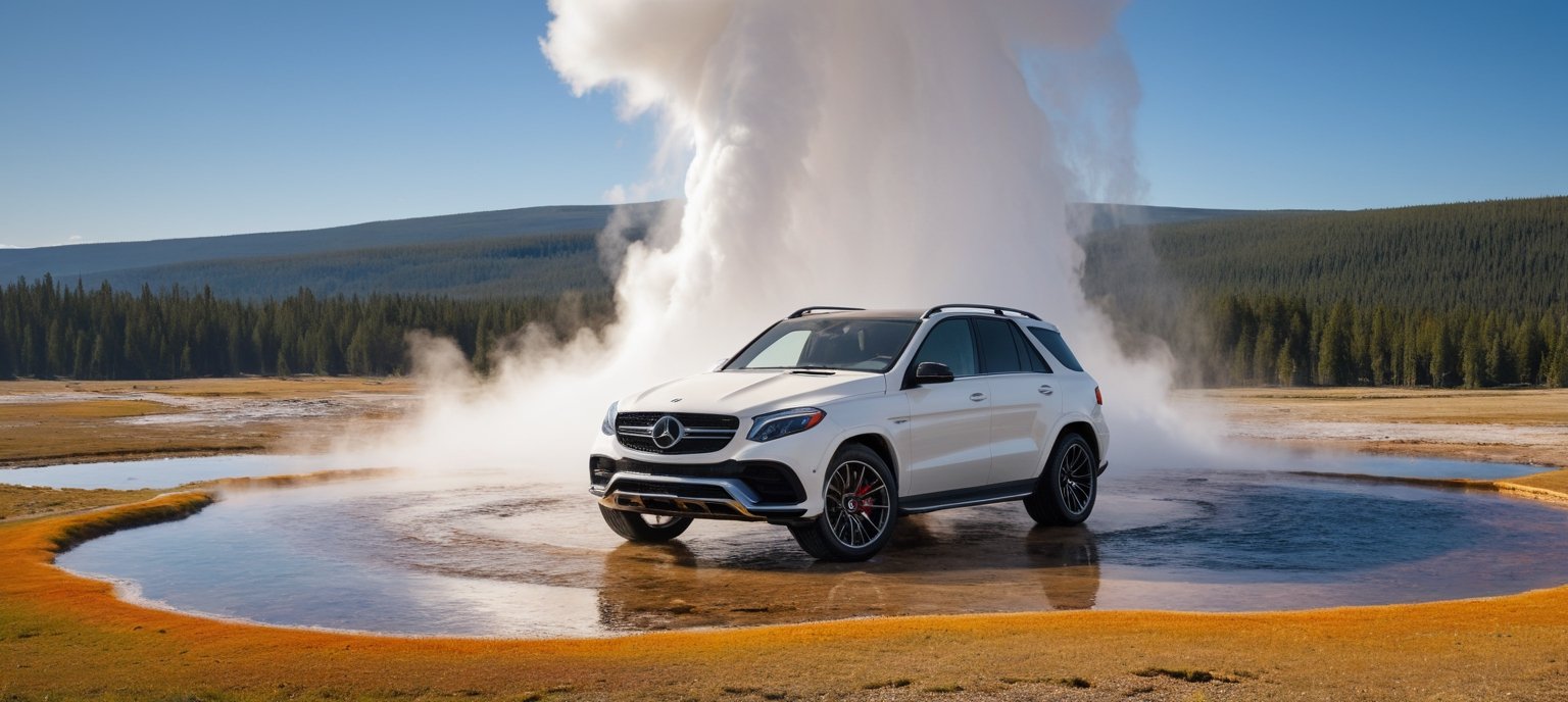 Create a captivating scene in Yellowstone National Park, where a powerful Brabus GLE 900 Rocket stands at the edge of a vast, steaming geyser basin. The backdrop showcases the park's iconic geothermal features, with erupting geysers, vibrant hot springs, and billowing steam, highlighting the Brabus GLE's commanding presence amidst nature's raw beauty. Highest quality, detailed and intricate,  original shot, more detail XL, no humans,H effect,Ye11owst0ne