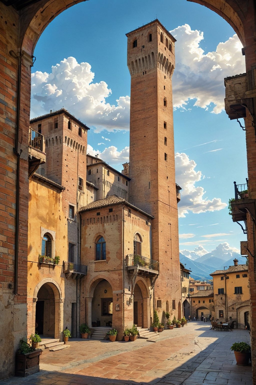 (Comic book drawing:1.3) of (a medieval plaza in Italy:1.4), 14th century, (golden ratio:1.3), (medieval architecture:1.3),(mullioned windows:1.3),(brick wall:1.1), (tower with merlons:1.2), overlooking the plaza, beautiful blue sky with imposing cumulonembus clouds, BREAK, from above, in the style of Jack Kirby, (soft diffused lighting:1.2), vignette, highest quality, original shot. BREAK Front view, well-lit, (perfect focus:1.2), award winning, detailed and intricate, masterpiece, itacstl,Comic Book-Style 2d,art_booster