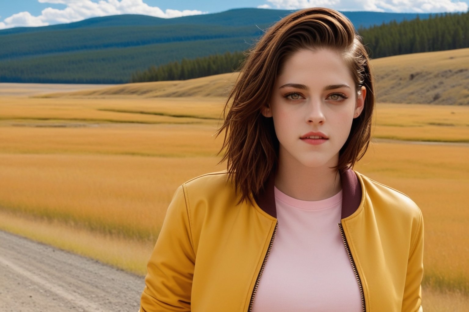 ((Hyper-Realistic)) close-up photo of a beautiful 1girl standing in front of A lamar valley \(lamarva11ey\) in Yellowstone,(kristen stewart:1.3),20yo,detailed exquisite face,detailed soft skin,looking at viewer,hourglass figure,perfect female form,model body,(perfect hands:1.2),(elegant yellow jacket,white shirt and pink skirt),(backdrop: outdoors,sky,day, cloud,tree,cloudy sky,grass,nature,highly detailed and realistic beautiful scenery,mountain,winding road,landscape,(american bisons:1.2)),(girl focus:1.3)
BREAK
aesthetic,rule of thirds,depth of perspective,perfect composition,studio photo,trending on artstation,cinematic lighting,(Hyper-realistic photography,masterpiece, photorealistic,ultra-detailed,intricate details,16K,sharp focus,high contrast,kodachrome 800,HDR:1.2),photo_b00ster,real_booster,ye11owst0ne,(lamarva11ey:1.2),more detail XL,art_booster,ani_booster