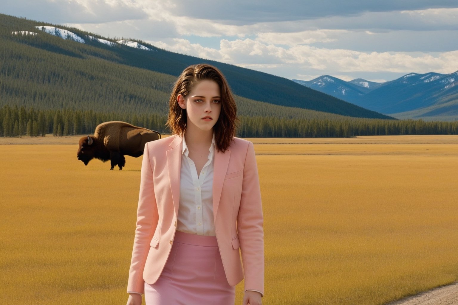 ((Hyper-Realistic)) close-up photo of a beautiful 1girl standing in front of A lamar valley \(lamarva11ey\) in Yellowstone,(kristen stewart:1.3),20yo,detailed exquisite face,detailed soft skin,looking at viewer,hourglass figure,perfect female form,model body,(perfect hands:1.2),(elegant yellow jacket,white shirt and pink skirt),(backdrop: outdoors,sky,day, cloud,tree,cloudy sky,grass,nature,highly detailed and realistic beautiful scenery,mountain,winding road,landscape,(american bisons:1.2)),(girl and bisons focus:1.3)
BREAK
aesthetic,rule of thirds,depth of perspective,perfect composition,studio photo,trending on artstation,cinematic lighting,(Hyper-realistic photography,masterpiece, photorealistic,ultra-detailed,intricate details,16K,sharp focus,high contrast,kodachrome 800,HDR:1.2),photo_b00ster,real_booster,ye11owst0ne,(lamarva11ey:1.2),more detail XL,art_booster,ani_booster