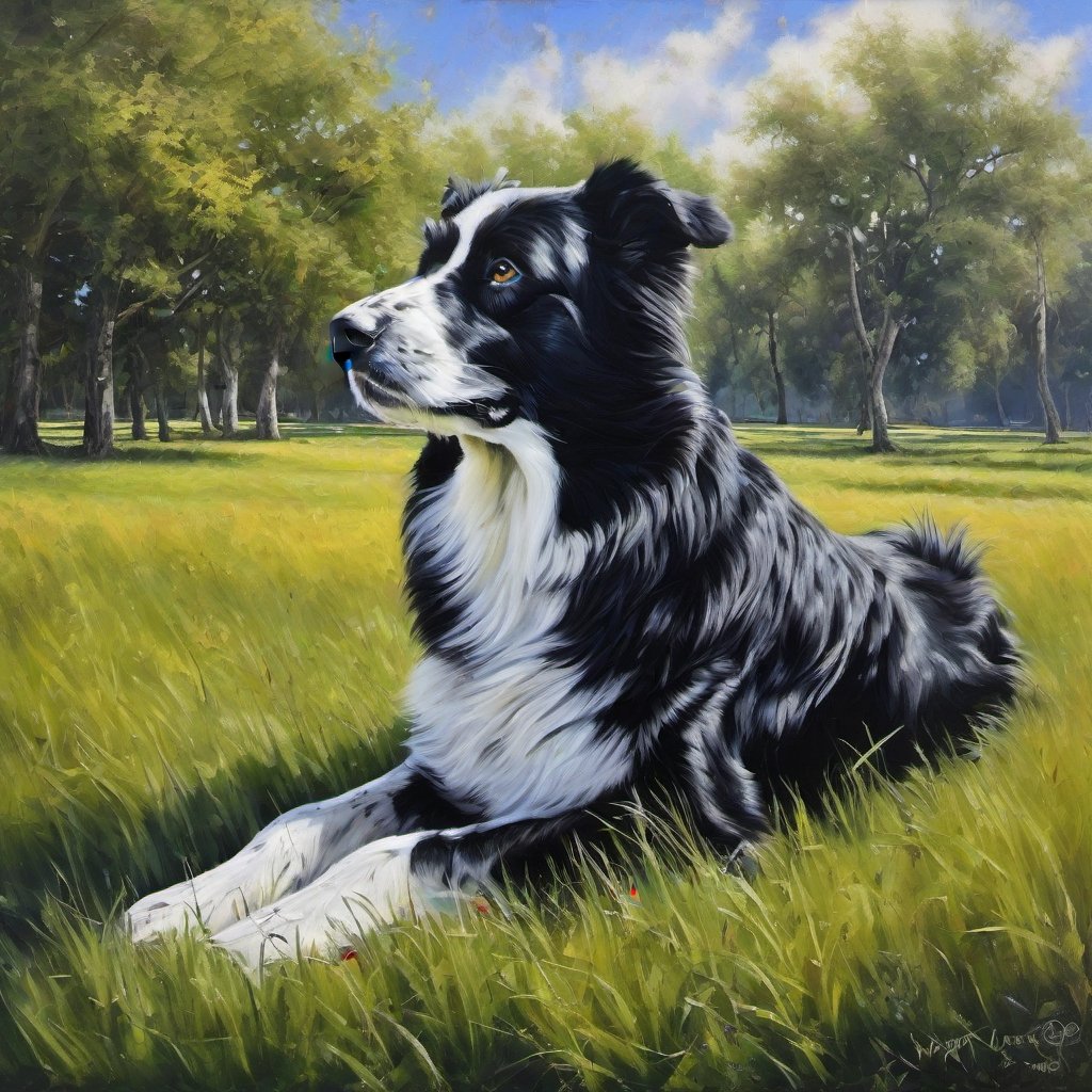 an oil painting very long shot of a recumbent old black and white Border-colie dog with small gray spots on nose and paws is on the grass, paradise, heaven, marvelous, transcendence, questioning, surprised, concept art, high-precision, high quality ,Masterpiece