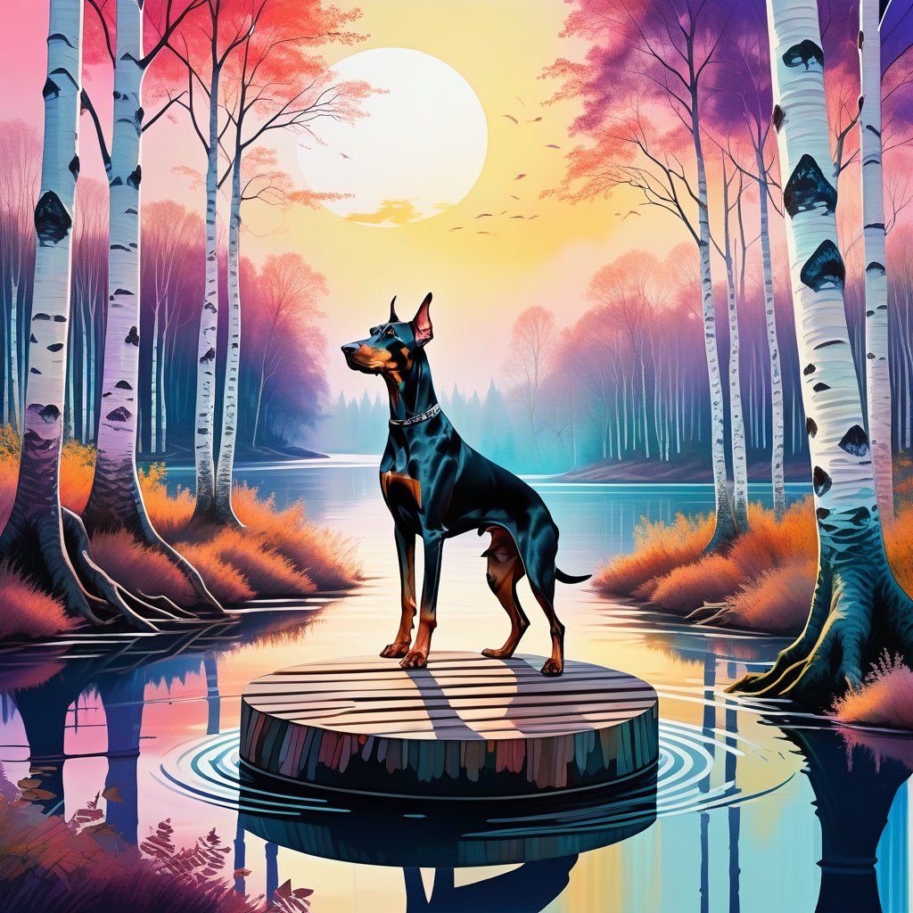 a deep and large perspective, digital painting, waterpaint , sunrise, an elegant Dobermann sits majestically on a  circle-shaped metallic platform floating over the water , in a ((forest of birches trees)) , water, in the style of fluid abstractions, vaporwave, point art style,  delicate chromatics, experimental forms, richly colored skies, punctured canvases, split toning