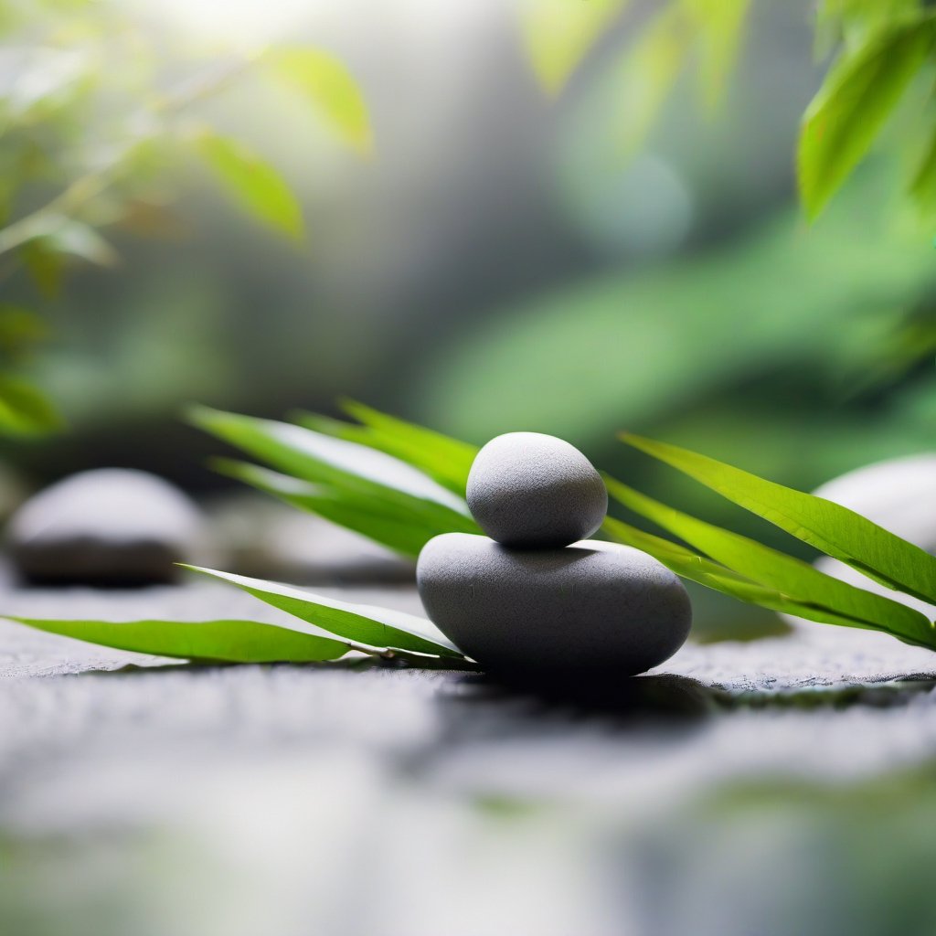 macro on a japanese pebble with bamboo leaves, in the background it's a japanese garden, relaxation, meditation, bokef, professional, photorealistic 