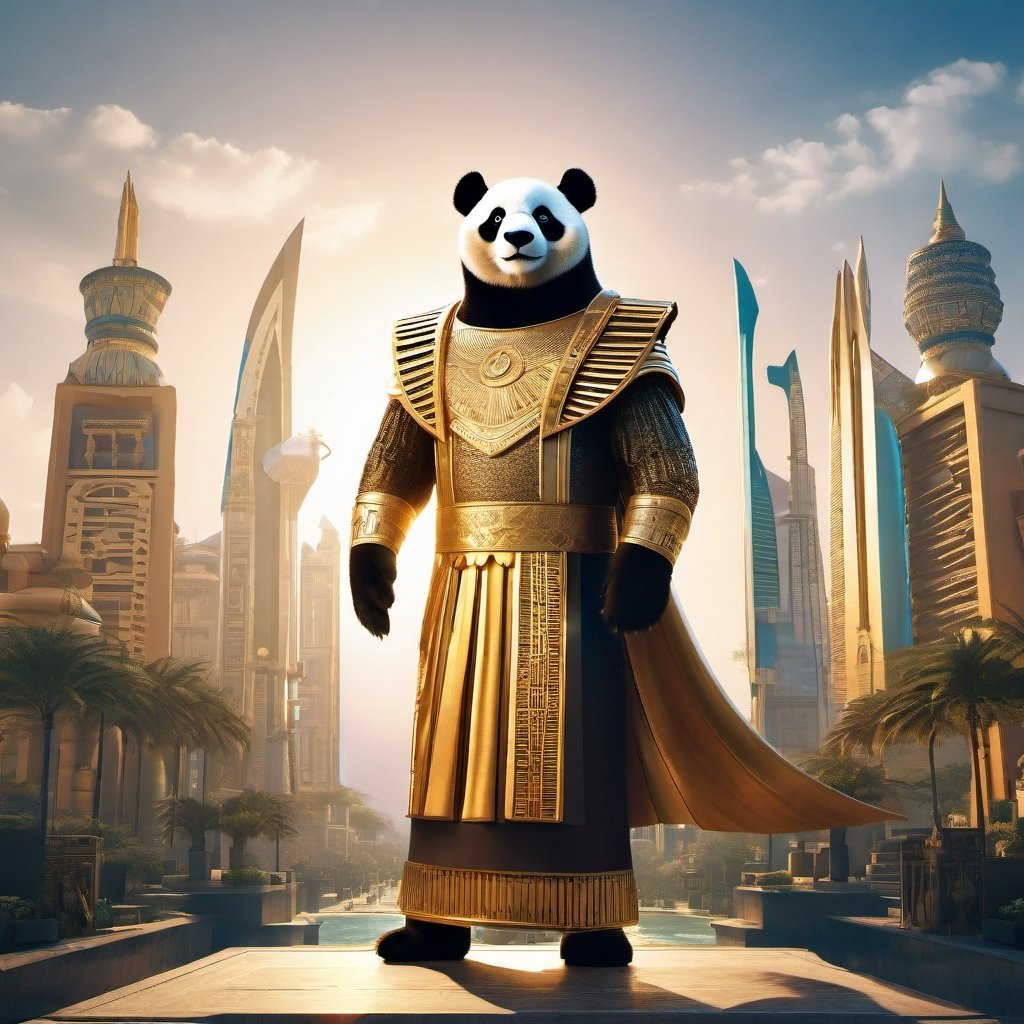 a wide-angle full body photograph of a majestic proud panda dressed as a golden statue of a Pharaoh standing in front of a large futuristic Egyptian city, the photo gives a cinematic and epic grandiose impression, cinematic composition, epic composition, 35 mm photograph, bokeh, character design 