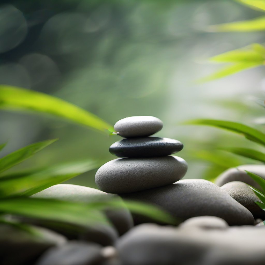 macro on a japanese pebble with bamboo leaves, in the background it's a japanese garden, relaxation, meditation, bokeh, professional, photorealistic 