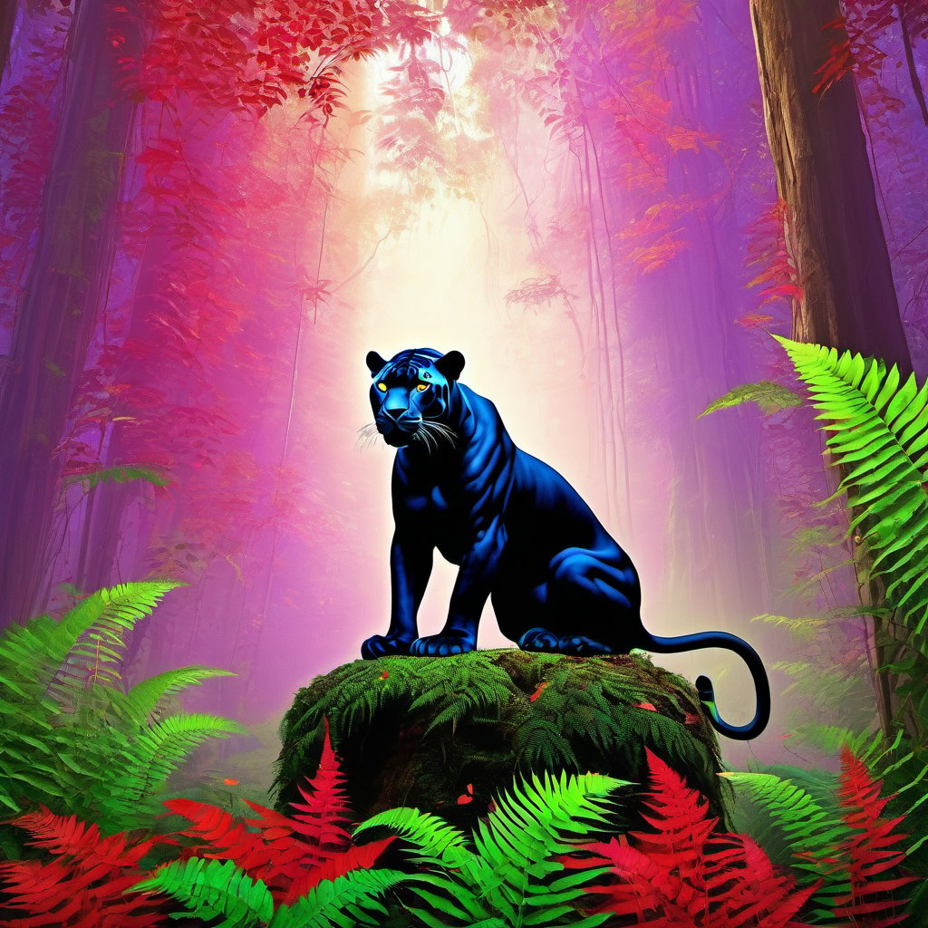 a realiist scene photography, a deep and large perspective, a panther sits in front of a vertical wooden ring in an infinite forest of trees with white shiny trunk and high ferns with red leaves, fog, vibrant colors, realism, photorealistic, use green purple red colors, by F. Scott Hess 