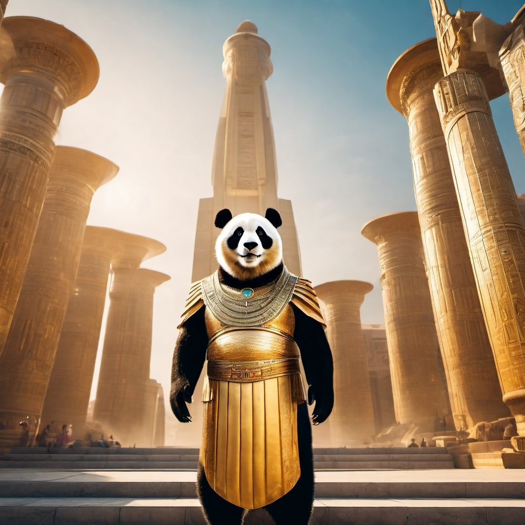 a wide-angle full body photograph of a majestic proud panda dressed as a golden statue of a Pharaoh standing in front of a large futuristic Egyptian city, the photo gives a cinematic and epic grandiose impression, cinematic composition, epic composition, 35 mm photograph, bokeh, character design ,Movie Still