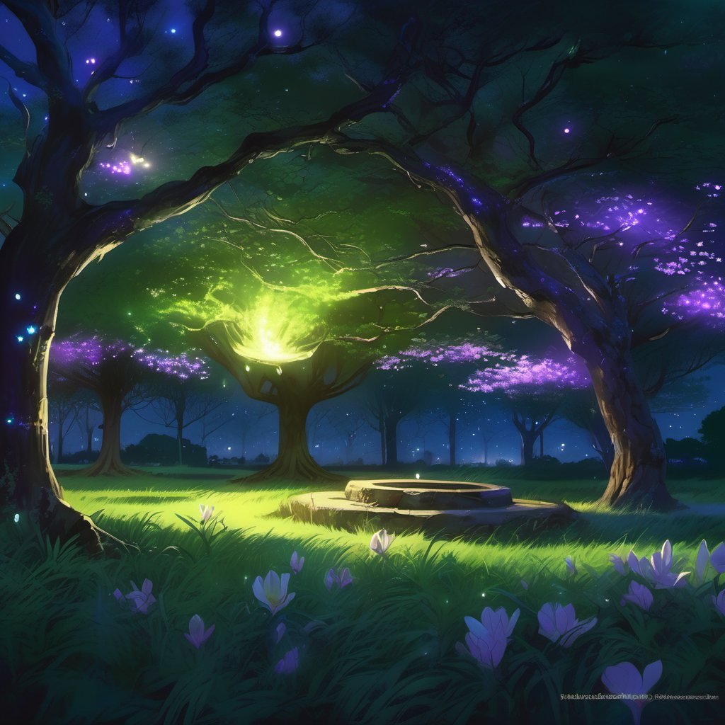  imagine a phosphorescent luminescent magical land  where a small old fountain in bad condition is on the grass surrounded by ((( thousands magnolia trees))) with long bended branchs , at night, there is full of  luminescent shiny fireflies flying in the air, use purple and blue color palette , digital painting, anime, by Makoto Shinkai