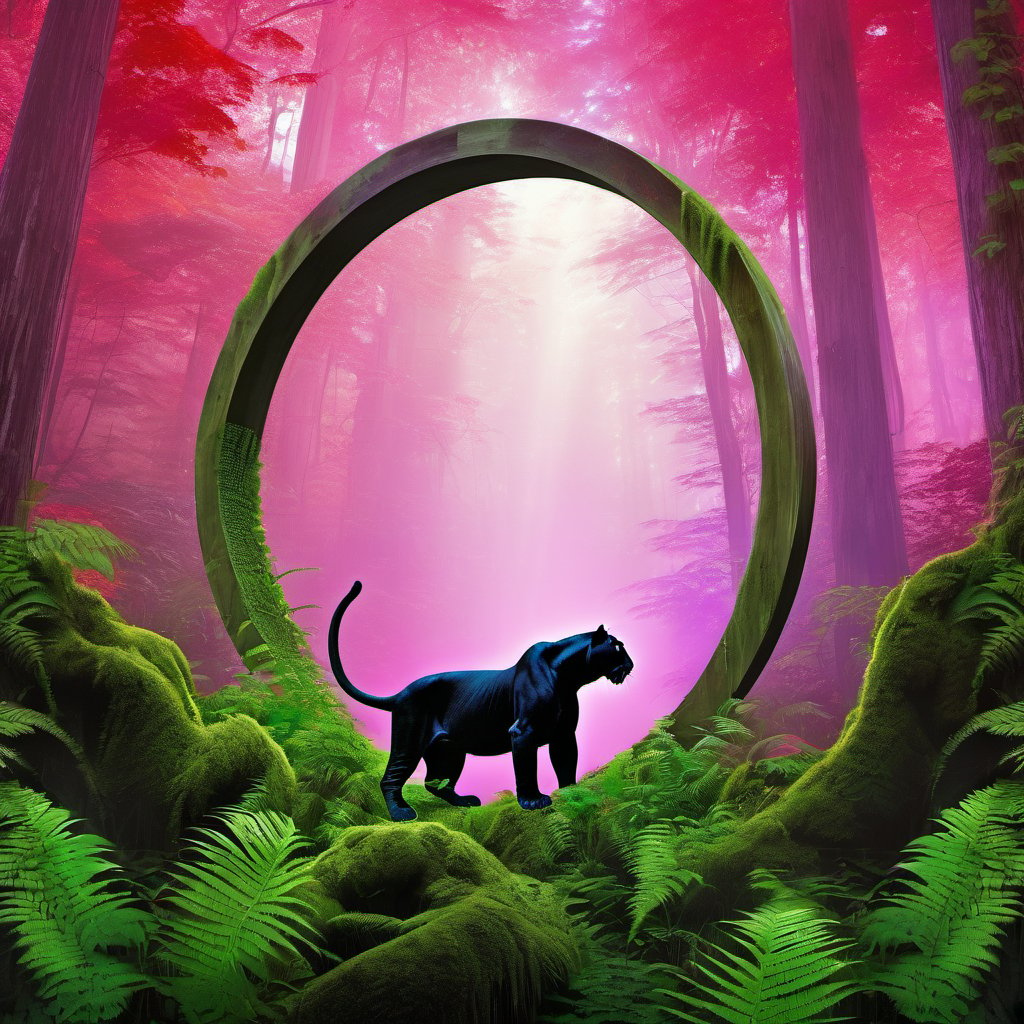 a realiist scene photography, a deep and large perspective, a panther sits in front of a(( vertical wooden ring)) in an infinite forest of trees with white shiny trunk and high ferns with red leaves, fog, vibrant colors, realism, photorealistic, use green purple red colors, by F. Scott Hess 