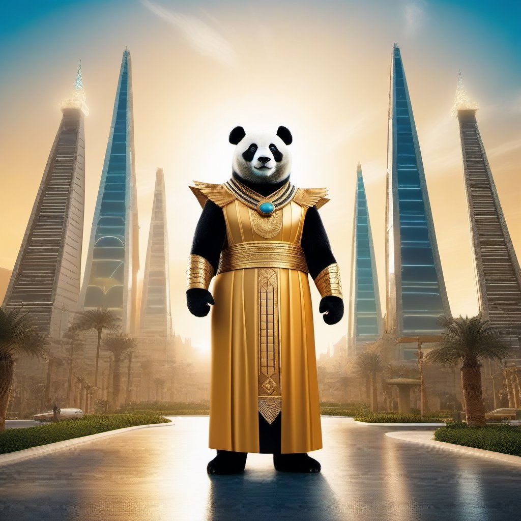 a wide-angle full body photograph of a plus size majestic proud panda dressed as a golden statue of a Pharaoh standing in front of a large futuristic Egyptian city, the photo gives a cinematic and epic grandiose impression, cinematic composition, epic composition, 35 mm photograph, bokeh, character design ,Movie Still