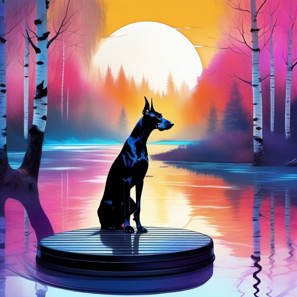 a deep and large perspective, digital painting, waterpaint , sunrise, an elegant Dobermann sits majestically on a  circle-shaped metallic platform floating over the water , in a ((forest of birches trees)) , water, in the style of fluid abstractions, vaporwave, point art style,  delicate chromatics, experimental forms, richly colored skies, punctured canvases, split toning