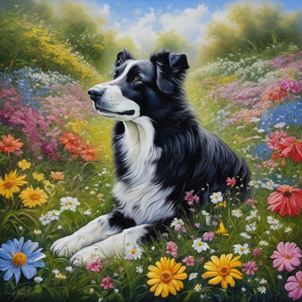 an oil painting very long shot of a recumbent old black and white Border-colie dog with small gray spots on nose and paws is on the ground  with grass and millions of flowers, paradise, heaven, marvelous, transcendence, questioning, surprised, concept art, high-precision, high quality ,Masterpiece