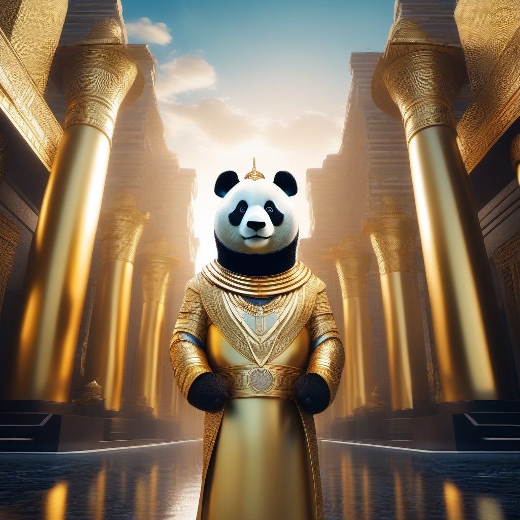 a wide-angle photograph of a majestic proud panda dressed as a golden statue of a Pharaoh standing in front of a large futuristic Egyptian city, the photo gives a cinematic and epic grandiose impression, cinematic composition, epic composition, 35 mm photograph, bokeh, character design 