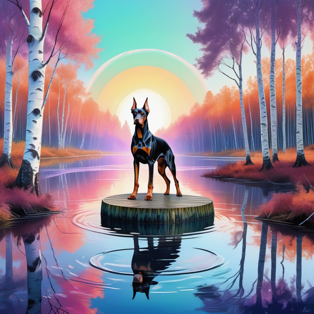 a deep and large perspective, digital painting, waterpaint , sunrise, an elegant Dobermann sits majestically on a  circle-shaped metallic platform floating over the water , in a ((forest of birches trees)) , water, in the style of fluid abstractions, vaporwave, point art style,  delicate chromatics, experimental forms, richly colored skies, punctured canvases, split toning