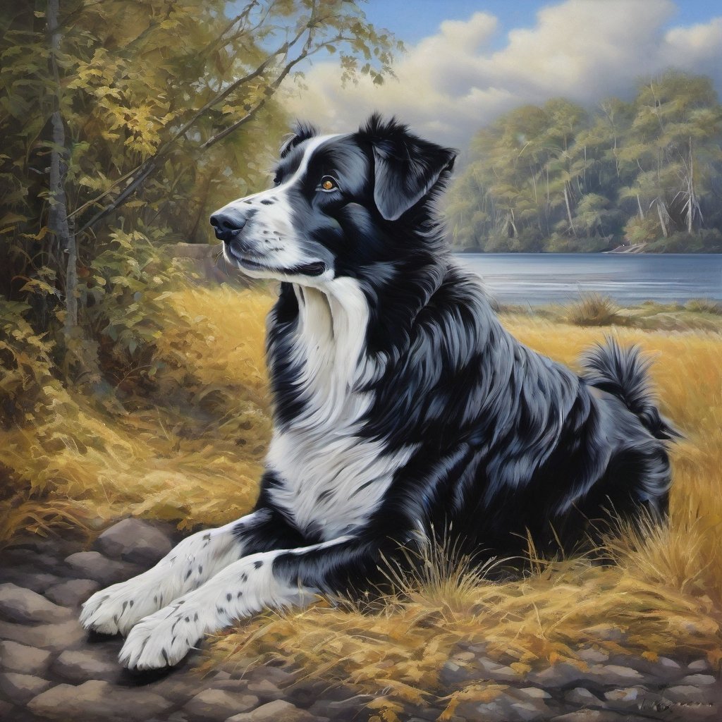 an oil painting very long shot of a recumbent old black and white Border-colie dog with small gray spots on nose and paws is on the ground , paradise, heaven, marvelous, transcendence, questioning, surprised, concept art, high-precision, high quality ,Masterpiece