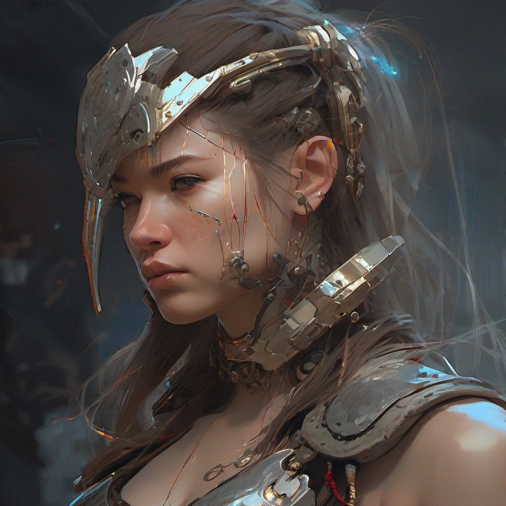 A side view portrait of a barbarian girl who is half cyborg, with wiring and electronics, super detailed in 32k resolution, intricate details, dramatic light and shadows, bokeh effect, in a style that combines the art of Krenz Cushart, Artem Demura, and Alphonse Mucha.