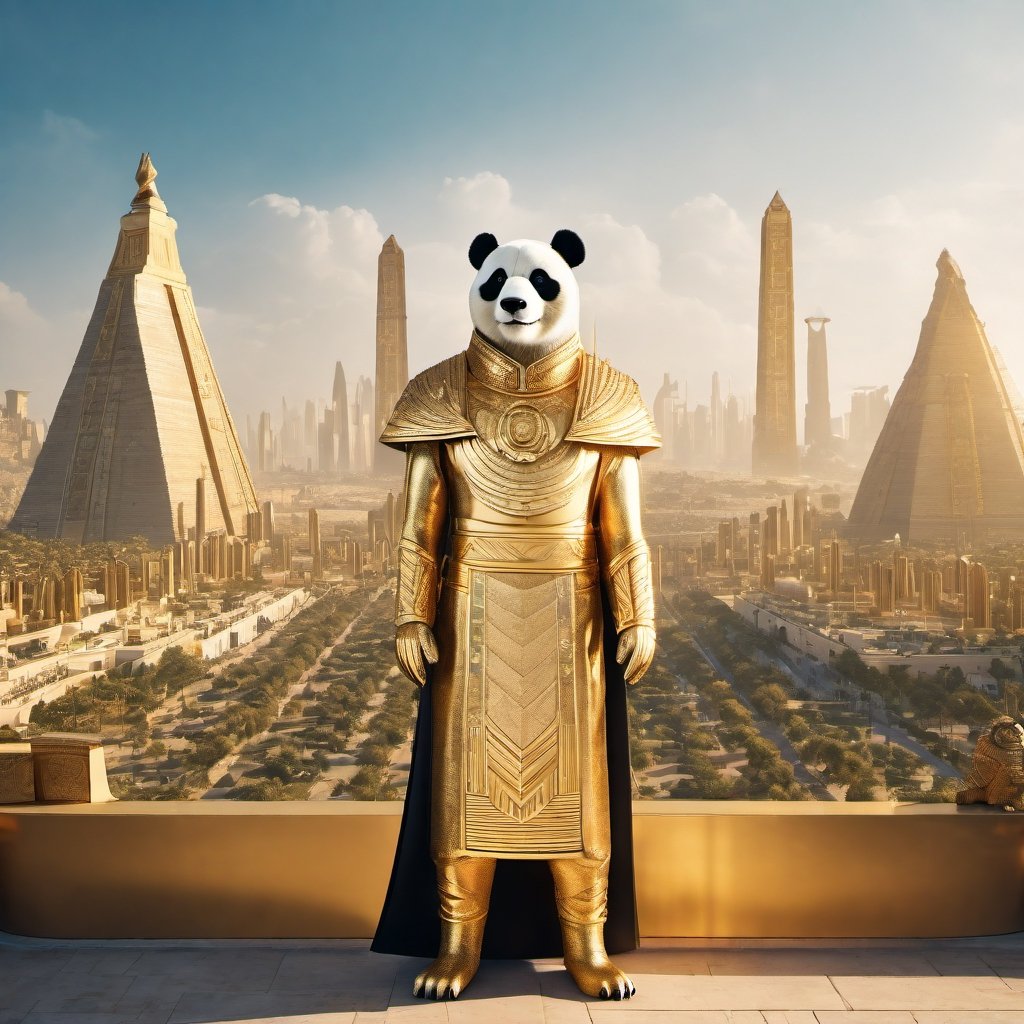 a wide-angle full body photograph of a majestic proud panda dressed as a golden statue of a Pharaoh standing in front of a large futuristic Egyptian city, the photo gives a cinematic and epic grandiose impression, cinematic composition, epic composition, 35 mm photograph, bokeh, character design ,Movie Still