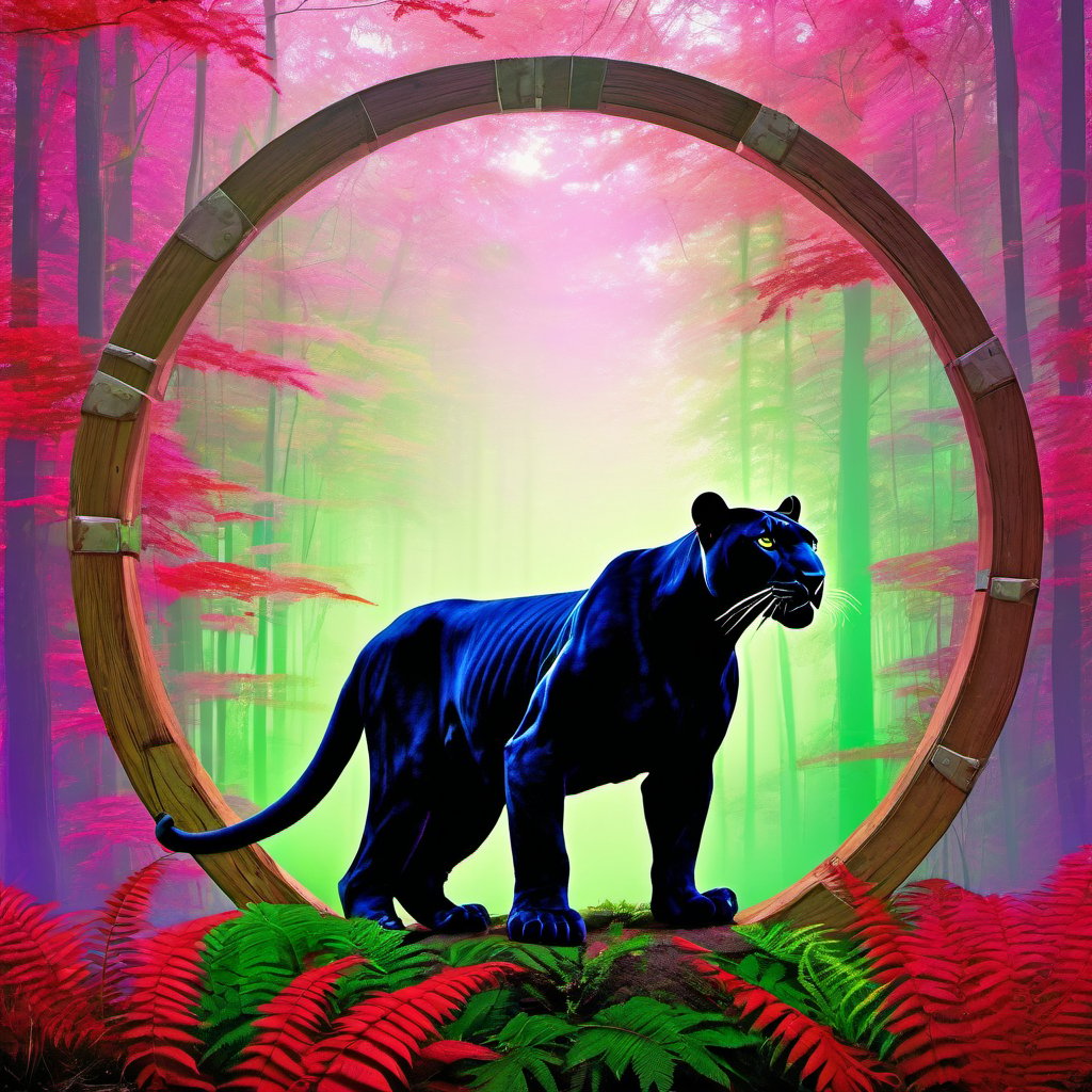 a realiist scene photography, a deep and large perspective, a panther sits in front of a(( vertical wooden ring)) in an infinite forest of trees with white shiny trunk and high ferns with red leaves, fog, vibrant colors, realism, photorealistic, use green purple red colors, by F. Scott Hess 