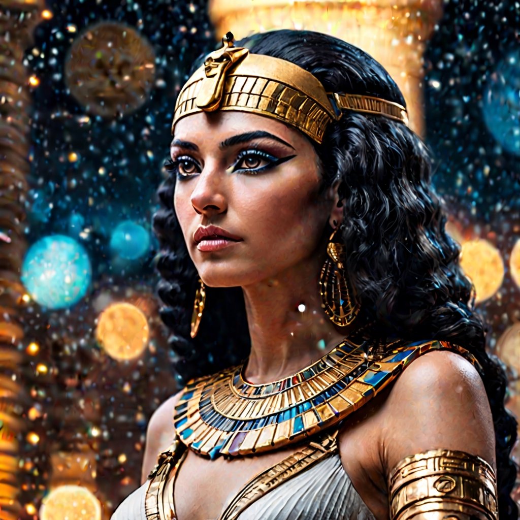 What if Ancient Egypt Thrived in the 31st Century, A Vision of Modern Cleopatra Reigning Over a Futuristic Civilization, photorealistic, cinematic, highly detailed, high resolution, hyperrealistic, 35 mm photo, bokeh, professional studio quality 