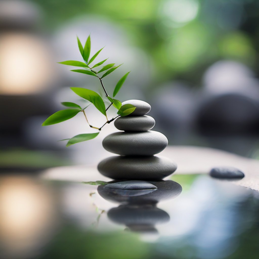 macro on a japanese pebble with bamboo leaves, in the background it's a japanese garden, relaxation, meditation, bokeh, professional, photorealistic 