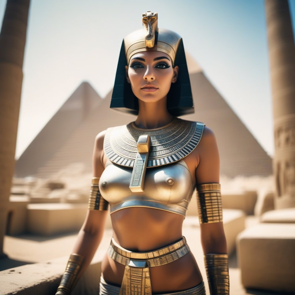 an extra wide angle shot photography , an Ancient Egypt Thrived in the 31st Century with A Modern Cleopatra Reigning Over a Futuristic Civilization, Futuristic, cybernetic, implants, photorealistic, cinematic, highly detailed, high resolution, hyperrealistic, 35 mm photo, bokeh, 