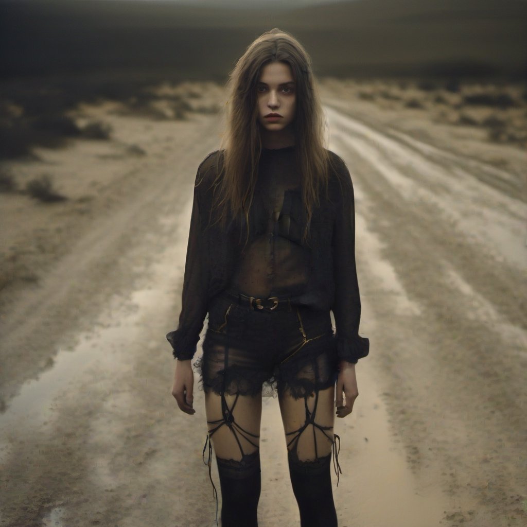 Halfbody fashion casting (Polaroid:1.1) (film:1.1) (portrait:1.1) of a sensual young woman wearing garter belt with stockings (posing:1.2) with one hand on her shin and the other on her hip, she is standing on a deserted dirt road. she is bathed with volumetric golden light, (moody:1.1) shadows and complex lighting. (long:1.2) black (messy:1.1) hair, RAW photography. in the style of bold domestic intimacy and passion , color photography by marta bevacqua