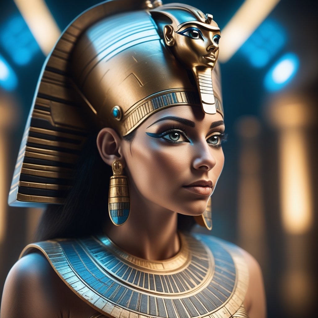 a wide angle shot photography ,  Ancient Egypt Thrived in the 31st Century, A Modern Cleopatra Reigning Over a Futuristic Civilization, Futuristic, cybernetic, implants, photorealistic, cinematic, highly detailed, high resolution, hyperrealistic, 35 mm photo, bokeh, professional studio quality ,photorealistic